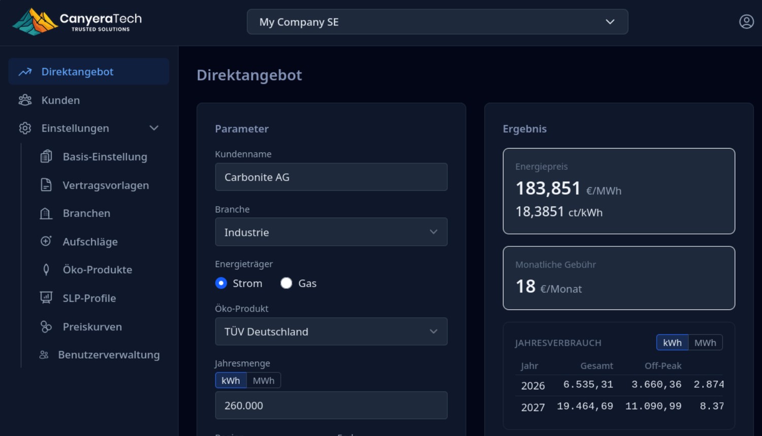 Ansicht „Direktangebot“: links die Eingabefelder für Kundenname, Branche, Energieträger und Jahresmenge, rechts der daraus berechnete Energiepreis, die monatliche Gebühr und der Jahresverbrauch.